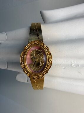 Vintage Helbros Gold Tone Cameo Bracelet Watch with Pink Face *RARE*